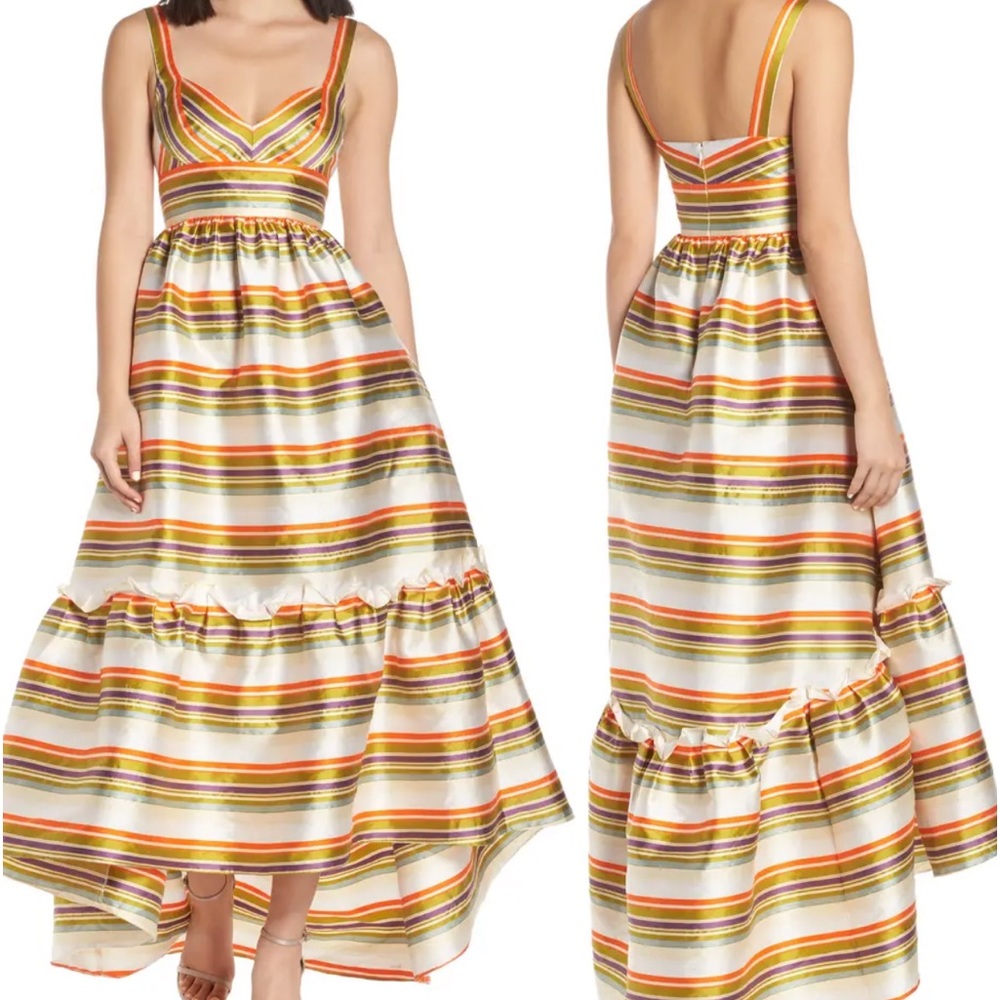 Jill Stuart x Anthropologie Sela Hi Lo 2/XS Green Purple Striped Taffeta Prom